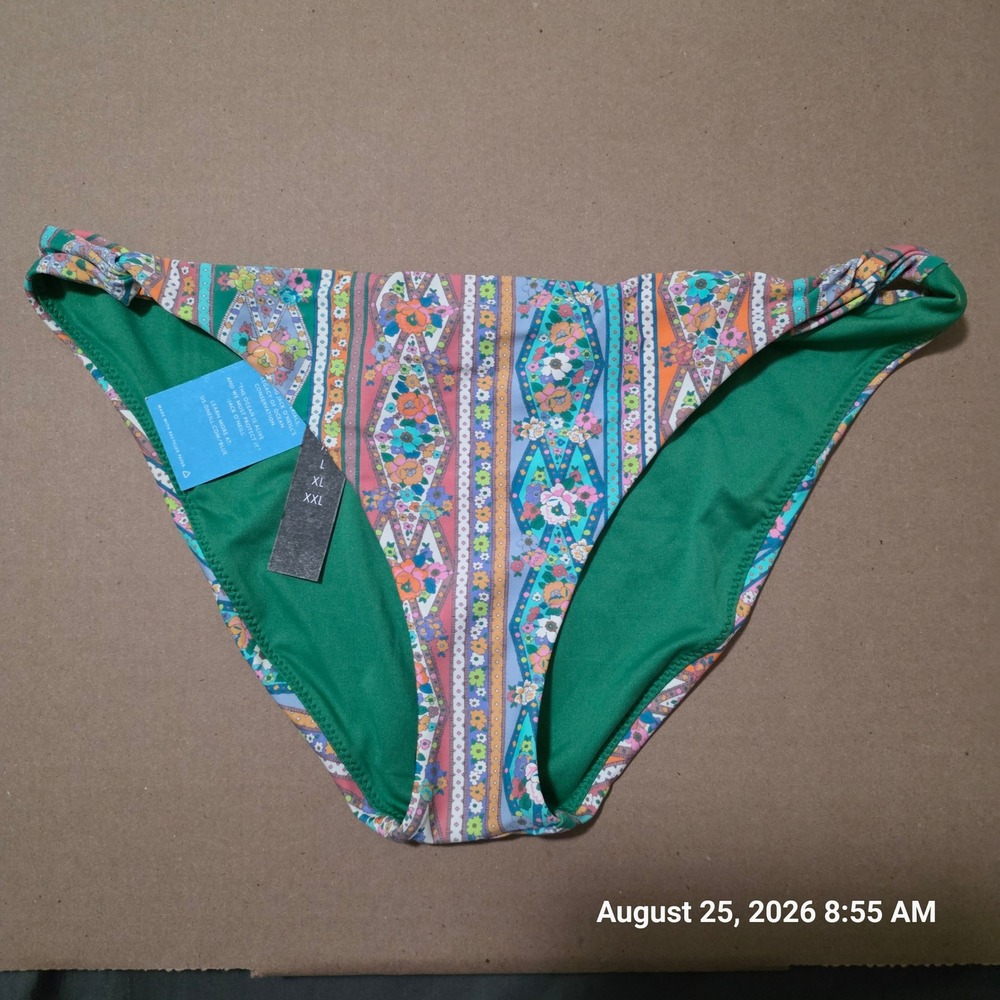 O'Neill Blue Womens Floral Stripe Hipster Bikini Bottoms Green Multi Large NWT
